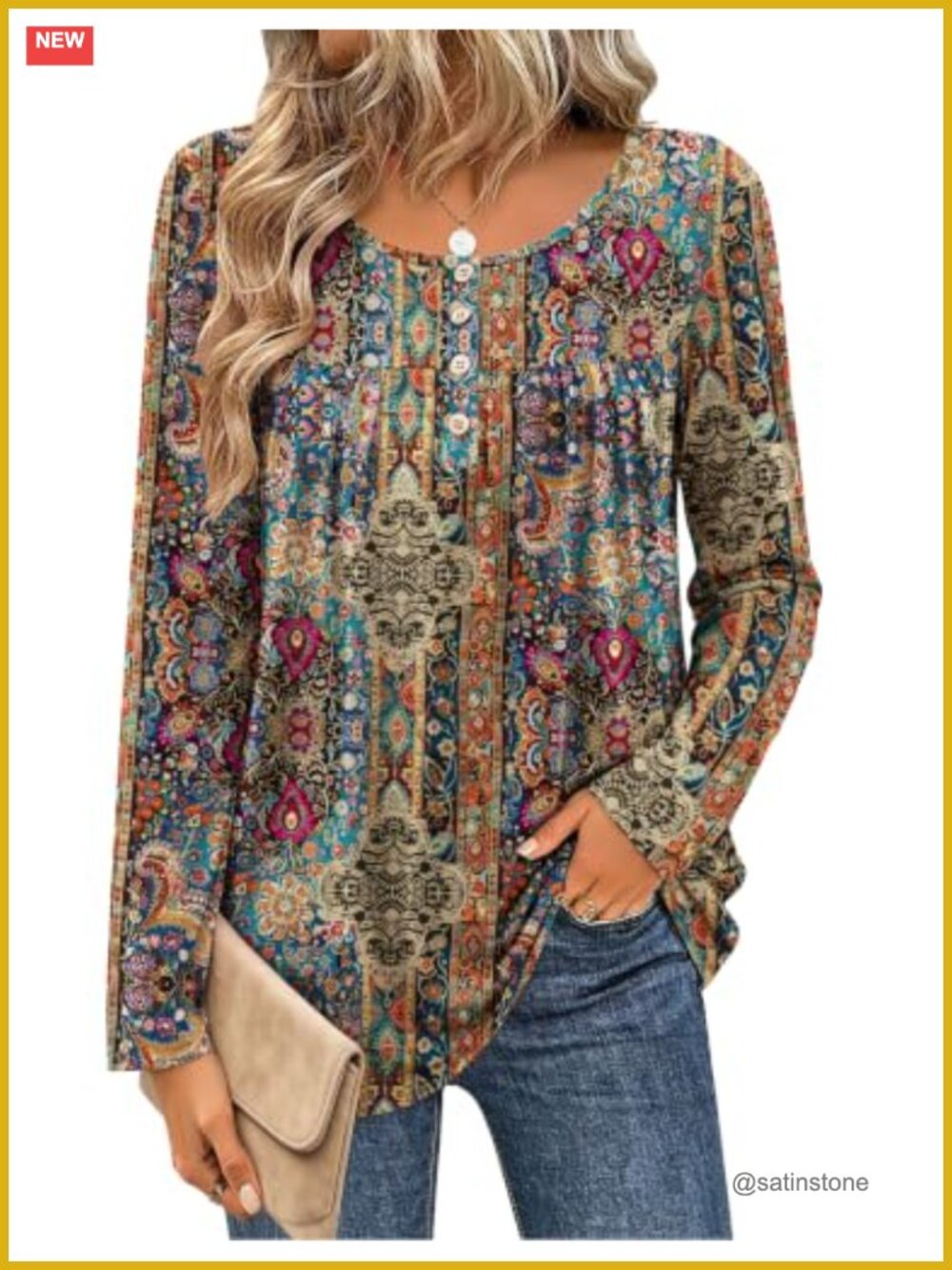 Women's Long Sleeve Floral Tunic Blouse Loose Fit Dressy Casual Top